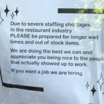Labor-shortage restaurant sign